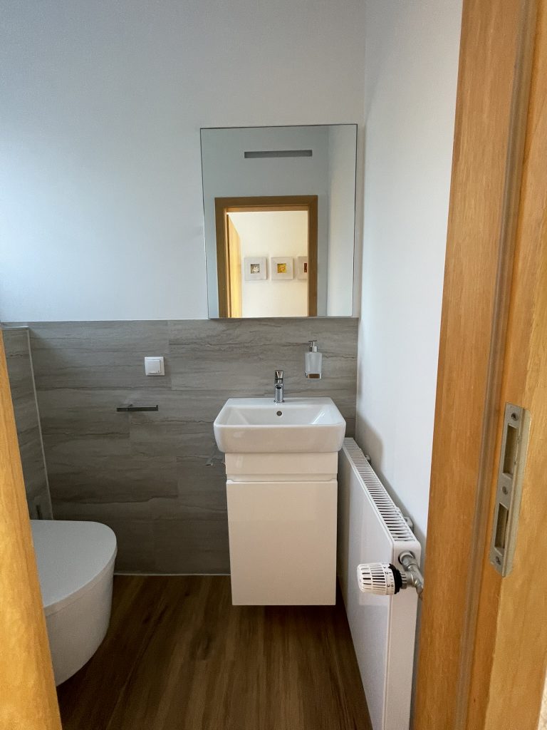 Gäste Bad grau holz Optik